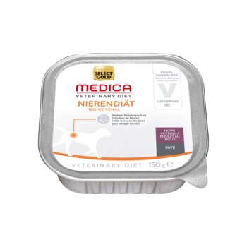 Diätetische Tierfutterverpackung mit der Aufschrift "Select Gold Medica Veterinary Diet Nierendiät" für die Nierengesundheit, mit einer 150g Portion Pâté mit Rindfleisch.